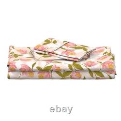 Tropical Flower Pink Floral Green 100% Cotton Sateen Sheet Set by Spoonflower
