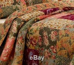 VINTAGE PATCHWORK 3pc QUEEN BEDSPREAD QUILT SET XXL RED GREEN BLUE PINK ROSES