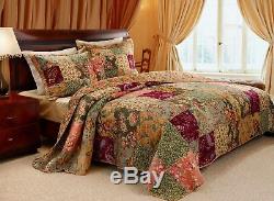 VINTAGE PATCHWORK 3pc QUEEN BEDSPREAD QUILT SET XXL RED GREEN BLUE PINK ROSES
