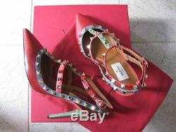 Valentino AUTH Rockstud 100 MM Leather T-Straps Heels 39 Red Blue Pink Green