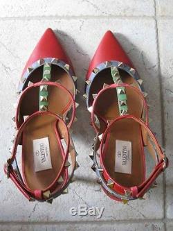 Valentino AUTH Rockstud 100 MM Leather T-Straps Heels 39 Red Blue Pink Green