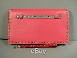 Valentino Pink Grey Red Green Leather Gold Rock Stud Flap Wristlet Clutch Bag