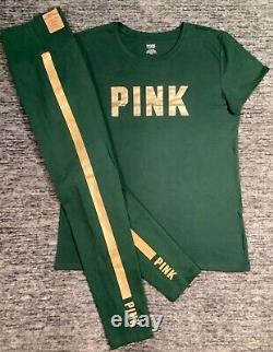 Victoria's Secret Pink SS Tee Shirt + Leggings Set Satin Green Gold Foil XL NWT