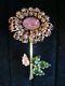 Vintage Signed Schreiner New York Pink Green Large Flower Pin Brooch