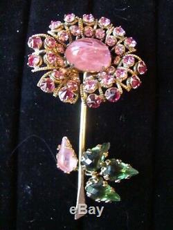 Vintage Signed Schreiner New York Pink Green Large Flower Pin Brooch