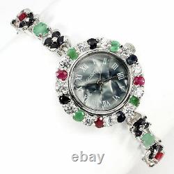 Watch Green Emerald Blue Sapphire Pink Ruby Genuine Gems Sterling Silver 7 1/2