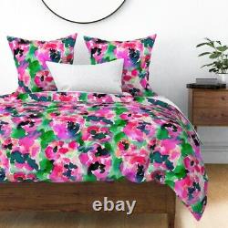Watercolor Pink And Green Floral Coral Abstract Sateen Duvet Cover by Roostery