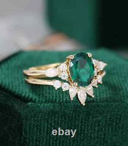 Wedding 14 K Rose Gold Solid Emerald Ring For Women Moissanite Studded Oval Set