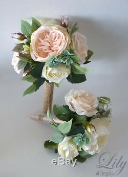 Wedding Bouquet Silk Flower Bridal Bridesmaid peach blush pink mint sage green