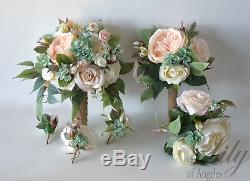Wedding Bouquet Silk Flower Bridal Bridesmaid peach blush pink mint sage green