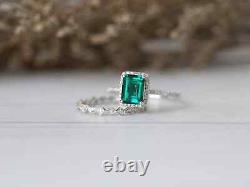 White Gold 14K Solid Modern Cut Emerald Ring For Her Moissanite Studded Band Set