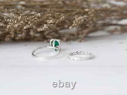 White Gold 14K Solid Modern Cut Emerald Ring For Her Moissanite Studded Band Set