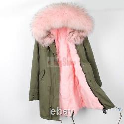 Women's Real Raccoon Fur Collar Coat Rabbit Fur Lined Long Jacket Hooded Parka
