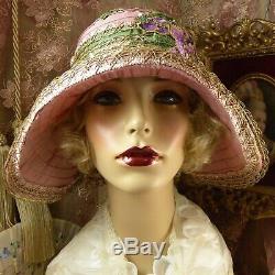 1920 Vintage Style Rose Violet Vert Et Or De Broderie De Perles Flapper Chapeau Cloche