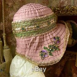 1920 Vintage Style Rose Violet Vert Et Or De Broderie De Perles Flapper Chapeau Cloche