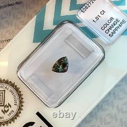 1.01ct Saphir de Changement de Couleur Rose Vert Bleu Sans Chauffage IGI CERTIFIÉ Coupe Triangle