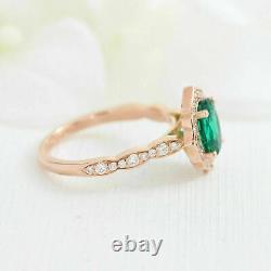 2ct Coupe Ovale Green Emeraude Halo Women' Lab Création Bague 14k Rose Or Finition
