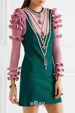 4,8k $ Mini-robe En Mélange De Laine Vert Et Rose À Ornements Gucci Pearls XL New + Tags