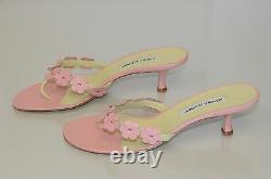 845 $ Nouveau Manolo Blahnik String Flowers Rose Vert Talons De Chat Sandales Chaussures 37