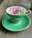 Antique Aynsley Pink Cabbage Rose Pink On Jade Green Cup & Soucoupe