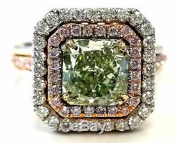 Bague Diamant Naturel Fantaisie Vert- Couleur Rose 3 Ct Certifié Gia Radiant Cut Vs2