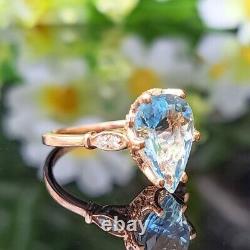 Bague en or rose solide 14 carats avec 3,00 carats d'aigue-marine naturelle et de diamants