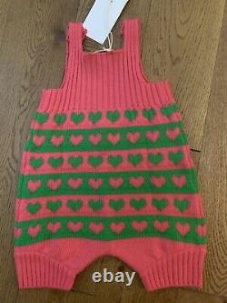 Bn Gucci Pink & Green Knitted Wool Heart Romper Dungarees Taille 9-12 Mois