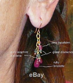 Boucles D'oreilles Originales Authentiques En Or 18 Carats Rubis Briolette Vert Diamant Saphir Rose