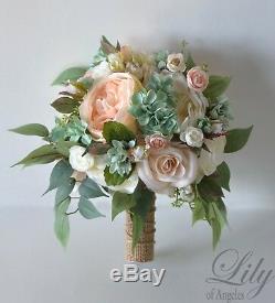 Bouquet De Mariage De Fleurs De Soie Nuptiale De Demoiselle D'honneur Pêche Blush Vert Sauge Menthe Rose
