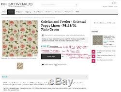 Colefax & Fowler Oriental Poppy Rose Vert Brodé En Lin Tissu F4111 Bie