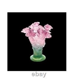 Daum Roses Vase Moyen Vert Et Rose 02570 France Crystal Glass Marque Neuve