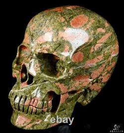 Énorme crâne de cristal sculpté en unakite rose et vert 7.2, super réaliste.