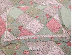 Ensemble de couvre-lit en patchwork floral rose et vert 100% coton pour lit queen de 3 pièces