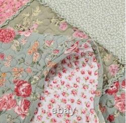 Ensemble de couvre-lit en patchwork floral rose et vert 100% coton pour lit queen de 3 pièces