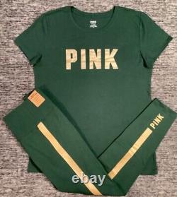 Ensemble tee-shirt et leggings Victoria's Secret Pink SS en satin vert avec logo doré, taille XL, neuf avec étiquette