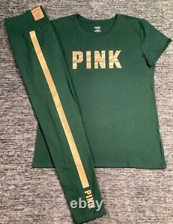 Ensemble tee-shirt et leggings Victoria's Secret Pink SS en satin vert avec logo doré, taille XL, neuf avec étiquette