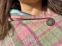 Lady's Green Pink Check Tweed Cape Poncho Fait Main
