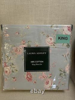Laura Ashley 4-piece King Ensemble De Feuille 100% Coton Bleu Rose Vert Nip