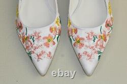 NOUVELLE chaussure plate en satin brodé blanc rose vert pointu Caroline Constas 40