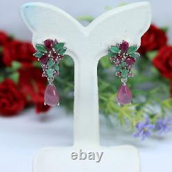 Naturel 7 X 11 Mm. Pink Red Ruby & Green Emerald Eerings 925 Silver Sterling