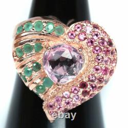 Naturel 8 X 8 Mm. Pink Topaz Avec Sapphire & Green Emerald Ring 925 Silver