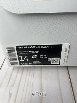 Nike Air Vapormax Flyknit 3 South Beach Hommes Taille 14 Vert Rose Noir Aj6900 323