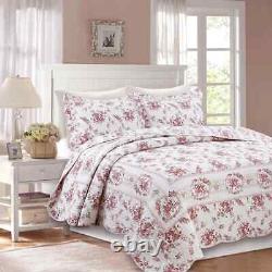 Nouveau! Cozy Cottage Chic Pink Green Leaf Shabby Rouge Rose Blanc Soft Quilt Set