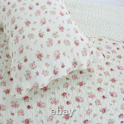 Nouveau! Cozy Cottage Shabby Chic Blanc Rose Rouge Vert Scallop Rose Soft Quilt Set