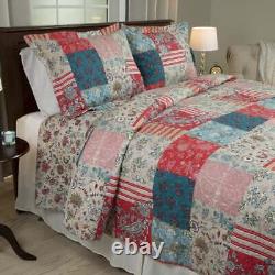 Nouveau ! Ensemble de courtepointe patchwork rose, turquoise, bleu, rouge, blanc, sauge, ivoire et vert pour cottage confortable