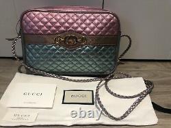 Nouveau Gucci Trapuntata Medium Laminated Metallic Leather Bag Horsebit Pink & Green
