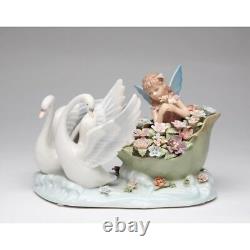 Nouvelle figurine de porcelaine de cygne musical avec fée blanche, bleue, verte et rose