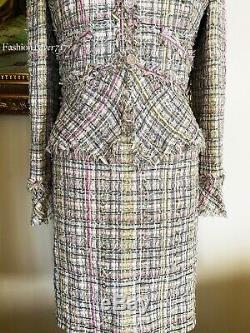 Nwt Magnifique Chanel En Tweed Multicolore Fringe Rose Vert Veste Jupe Costume 40