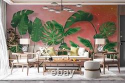 Papier peint mural amovible autoadhésif à motif de feuille verte, rose et plante en 3D - Mural mural1 811