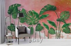 Papier peint mural amovible autoadhésif à motif de feuille verte, rose et plante en 3D - Mural mural1 811
